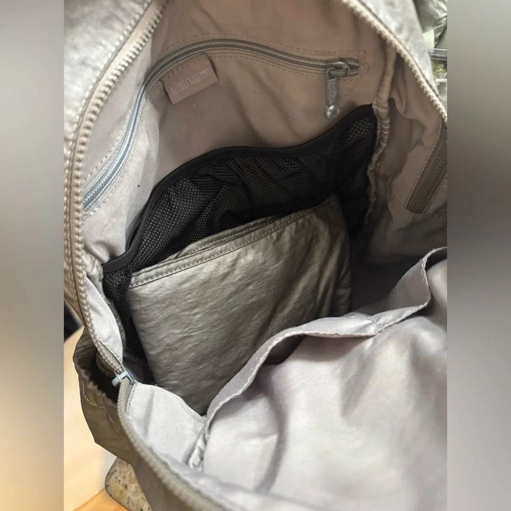 Kipling Metallic Pewter Coated Nylon Large Backpack With Diaper Pad